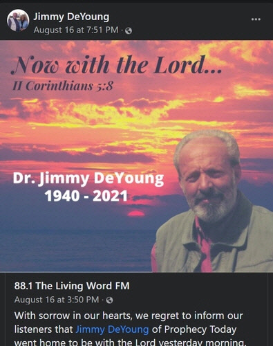 백신 음모론을 주장하던 미국 테네시주의 기독교 방송인 지미 드 영이 지난 18일 코로나19로 사망했다. 지미 드영의 사망을 알리는 방송사의 공지. [지미 드영 페이스북 캡처]